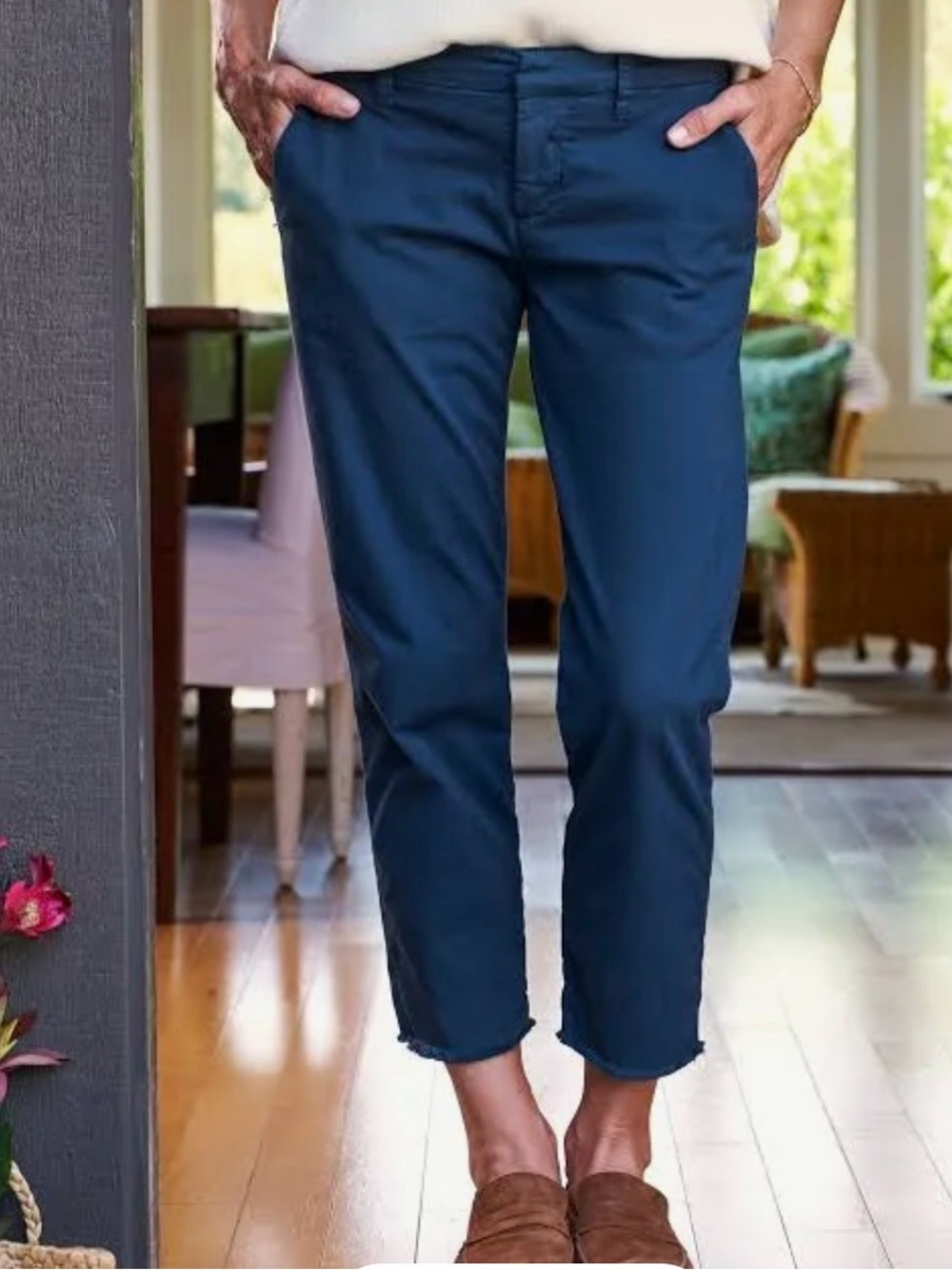 Frank Eileen Womens Wicklow Pants 4 Navy Blue Linen Blend Raw Hem Crop USA Made